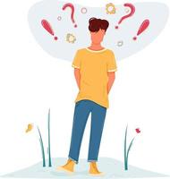 Thinking man with question marks above head. Man standing in casual clothes and bright sneakers is in process of thinking vector