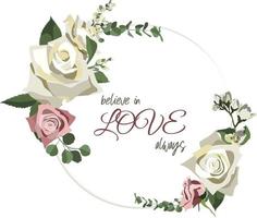 Vector floral round wreath template with roses, jasmine flowers and eucalyptus, copy space included. Isolated on white background