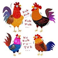 Collage chicken,rooster, hen, little chick icon character vector illustration. Animal poultry farm collection.