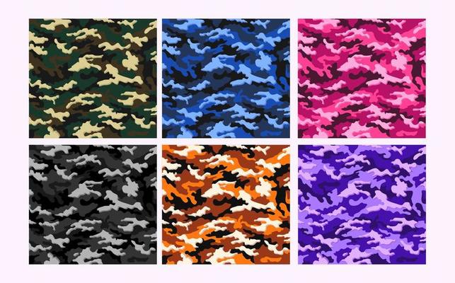 Set of camouflage patterns background. Classic clothing style masking camo repeat print.