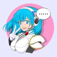 manga anime girl talking by headset for Call center, hotline vector illustration