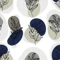 Ramas de silueta de contorno abstracto botánico con hojas patrón sin costuras de vector de fondo a cuadros