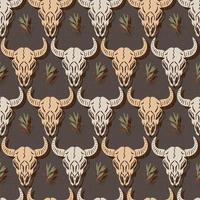 folk buffalo skull and foliage native vector seamless pattern