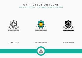 UV protection icons set vector illustration with solid icon line style. Sunscreen shield concept. Editable stroke icon on isolated white background for web design, user interface, and mobile app