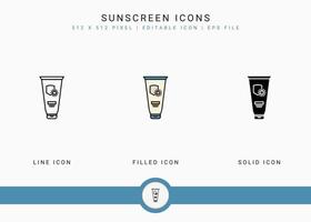 Sunscreen icons set vector illustration with solid icon line style. Ultraviolet protection concept. Editable stroke icon on isolated white background for web design, user interface, and mobile app