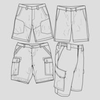 vector de dibujo de contorno de pantalones cortos de conjunto de paquetes, conjunto de pantalones cortos en un estilo de boceto, esquema de plantilla de entrenadores, ilustración vectorial.