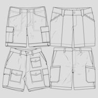 vector de dibujo de contorno de pantalones cortos de conjunto de paquetes, conjunto de pantalones cortos en un estilo de boceto, esquema de plantilla de entrenadores, ilustración vectorial.