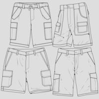 vector de dibujo de contorno de pantalones cortos de conjunto de paquetes, conjunto de pantalones cortos en un estilo de boceto, esquema de plantilla de entrenadores, ilustración vectorial.