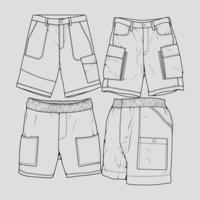 vector de dibujo de contorno de pantalones cortos de conjunto de paquetes, conjunto de pantalones cortos en un estilo de boceto, esquema de plantilla de entrenadores, ilustración vectorial.