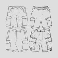 vector de dibujo de contorno de pantalones cortos de conjunto de paquetes, conjunto de pantalones cortos en un estilo de boceto, esquema de plantilla de entrenadores, ilustración vectorial.