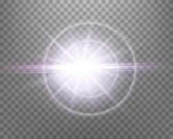 Sunlight lens flare, sun flash with rays and spotlight. Pink glowing burst explosion. Vector illustration.