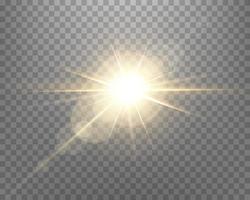 Sunlight lens flare, sun flash with rays and spotlight. Gold glowing burst explosion. Vector illustration.