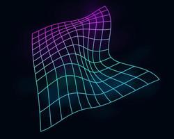 Color cyber distorted grid, retro punk design element. Wireframe wave geometry grid on black background. Vector illustration.