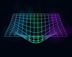 Color cyber distorted grid, retro punk design element. Wireframe wave geometry grid on black background. Vector illustration.