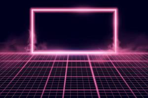 Wireframe perspective grid with glowing neon frame. Abstract retro background. Vector illustration