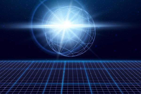 Perspective grid with wireframe shape and lens flare. Space neon infinity mesh, abstract technology background. Vector illustration