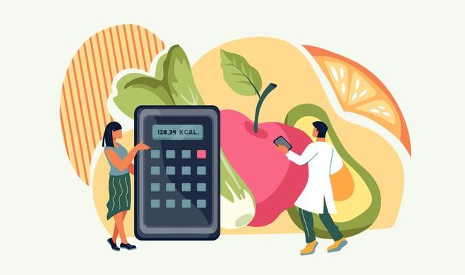 Nutritionists or dietologs assistance for healthy dieting banner with people characters on background with food icons. Nutrition plan for weight control, slimming and health. Flat vector Illustration.