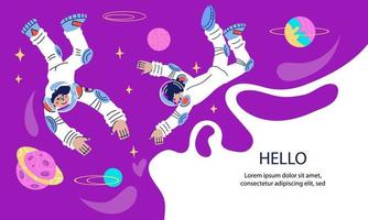 Cosmos outer space banner template with astronauts or spacemen characters. Universe research, space journey and exploring concept. Flat cartoon vector illustration.