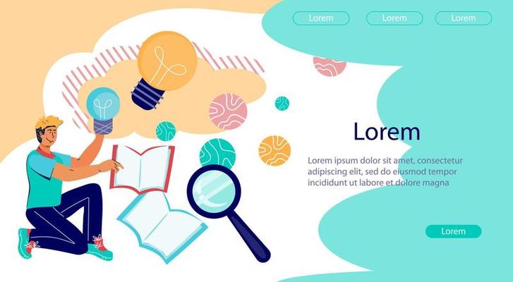 Bright business idea and genius solution website banner template, flat vector illustration. Brainstorming and innovation, ideas and solutions for startup and business development.