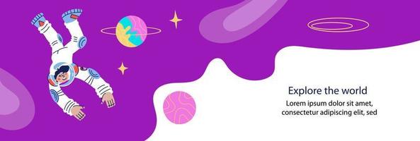 Banner or flyer for Cosmonautics day template with astronaut or spaceman character. Universe research, space journey and world exploring concept. Flat cartoon vector illustration.