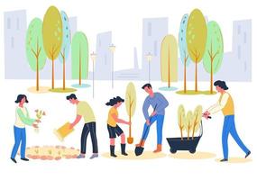 Volunteers and active citizens planting trees together in city park, vector flat illustration. Greening and spring renovations, urban environment improving. Volunteering, charity and social issues.