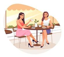 Girlfriends meeting in coffeehouse in morning. Girls drink coffee in a coffee shop. Girls talking, sitting at summer cafeteria terrace. Cartoon vector illustration.