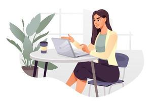 una chica con una laptop está trabajando en la oficina. la niña está navegando por Internet, conversaciones, conferencias en línea. ilustración vectorial plana. vector