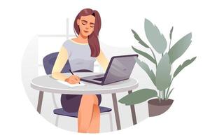 una chica con una computadora portátil está trabajando. la niña está navegando por Internet, conversaciones, conferencias en línea. el concepto de educación en línea. ilustración vectorial plana. vector