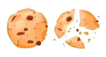Cookies with chocolate chips. The cookies are whole and broken into pieces. Cartoon vector illustration
