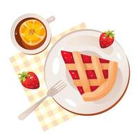 Strawberry pie. Traditional rustic pie-dessert with a lattice of dough. Homemade cakes. Vector illustration