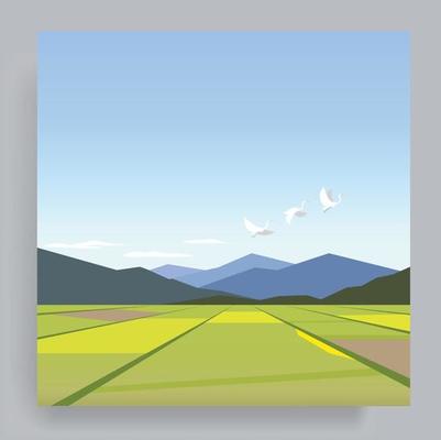 Beautiful and peaceful minimalist flat geometric landscape vector. Rice fields with mountains in the background on a sunny day with flying cranes. Travel, Nature, Background, Poster,Cover Illustration