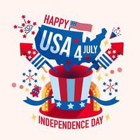 4 de julio, día de la independencia: diseño de saludo con bandera de mapa de estados unidos y rayos de explosión de fuegos artificiales. vector