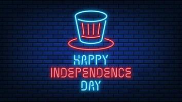 Happy 4th of July neon hat sign, bright signboard, light banner. Independence Day Neon line Design. Vector illustration