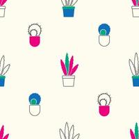 Seamless pattern with cactus and aloe in a pot. Vector hand-drawn illustration. For fabric, cover, background, textile, wallpaper.