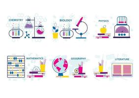 School lesson subjects. Vector graphics of lessons at school, chemistry, math, biology, geography, physics, literature. Modern vector illustration concepts for website, banner, cover.