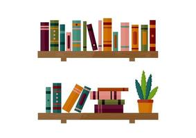 Flat bookshelves. Shelf book in room library, reading book, office shelf, school bookcase and bookshelf. Racks with books and plants. Colorful books in cartoon style. Vector illustration.