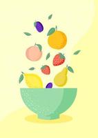Fresh fruits in a bowl isolated on yellow background. Peach, strawberry, pear, lemon, plum, orange. The concept of healthy and sports nutrition. Vector illustration.