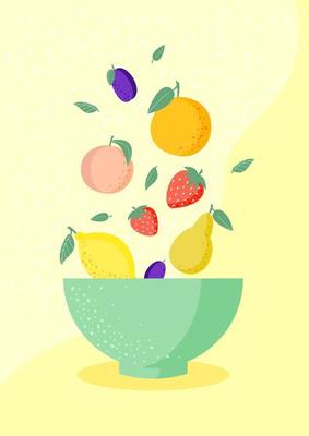 Fresh fruits in a bowl isolated on yellow background. Peach, strawberry, pear, lemon, plum, orange. The concept of healthy and sports nutrition. Vector illustration.