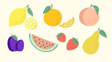 Fruit collection in flat hand drawn style, lemon, orange, peach, strawberry, watermelon, plum, pear illustrations set. Vector graphic