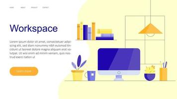 Workspace landing page. Designer home office, freelancer workplace with computer monitor, vector line art web banner.