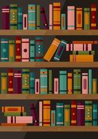 Bookshelf with books. Set of different book spines on wooden shelves. Book banner. Vector illustration of library book shelf background.