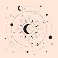 Illustration of celestial sun and moon with stars and planets. Mystical print for astrology, tarot, boho design. Vector illustration, esoteric design.