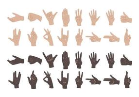 Hand gestures. Set of human hands, signs and gestures, figures and finger movements. Different colors hands isolated vector illustrations on a white background