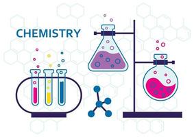 Chemistry experiment banner. Vector illustration of chemistry experiment. Chemistry school lesson. Chemical experiment glassware for education design.