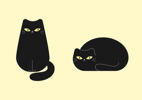 Two black cats. Adorable cute cats of various breeds sitting, lying, walking. Set of cute funny pets or domestic animals isolated on light background. Flat cartoon vector illustration.