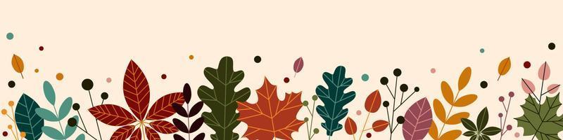 Horizontal banner, floral backdrop decorated with multicolored autumn leaves and plants. Fall botanical flat vector illustration on light background.