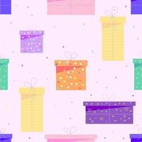 Seamless pattern with bright colorful gift boxes on a soft pink background in a flat doodle style. For card, print, fabric, textile, background. Vector illustration.