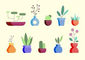 Urban jungle, trendy home decor with plants, cacti, tropical leaves in stylish planters and pots. Collection of different decor house indoor garden plants in pots. Vector illustration.