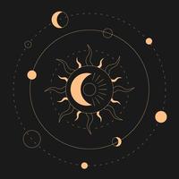 Celestial sun and moon. Magical banner for astrology, celestial alchemy. Device of the universe, crescent sun with the moon and planets on a black background. Esoteric vector illustration.