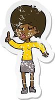 retro distressed sticker of a cartoon woman with idea vector